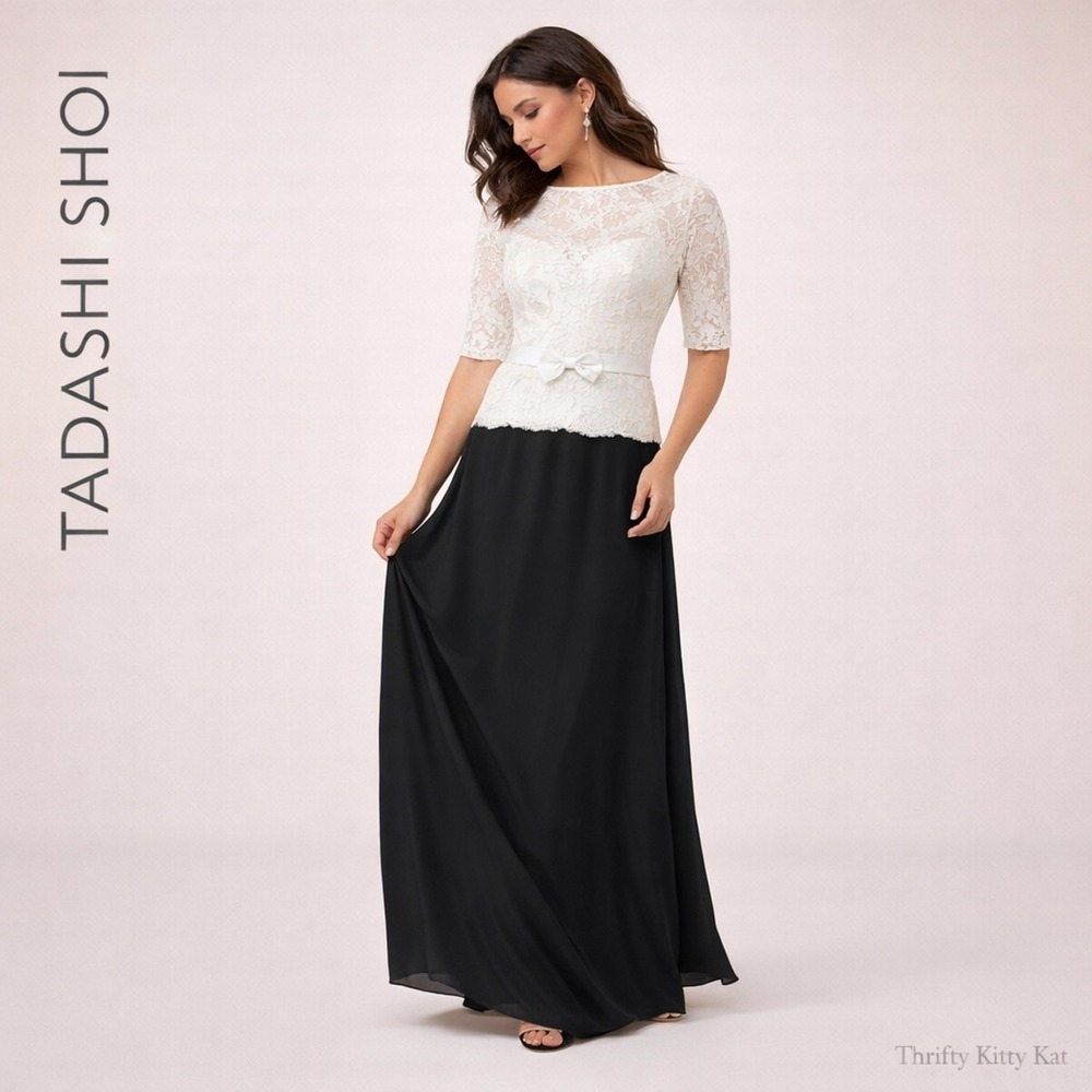 Tadashi Shoji Griffon Gown‎ Lace Bodice Maxi Dress Black Ivory Belted Formal 8